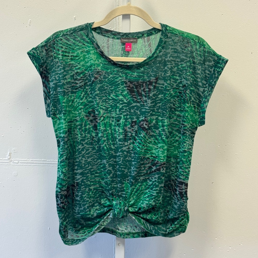 Vince Camuto Green Animal Palm Print Front Knot Top Med Cap Sleeve Burnout Tee